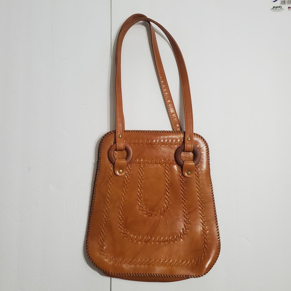 Faux Vegan Leather Brown Horseshoe Shaped Tote Boho Hippie Concert Festival